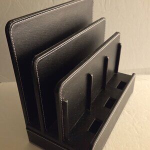 Vintage Black Leather Dresser-Top Organizer w/ Three Charging Slots 10"x5"x9"